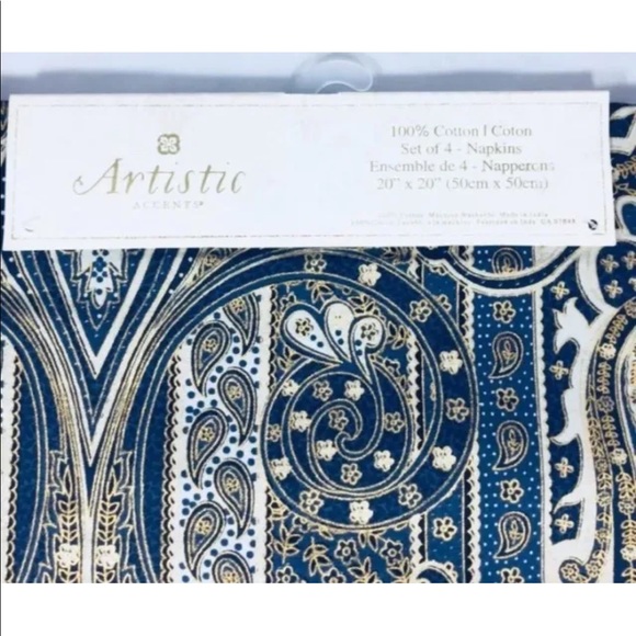 New Set Of 4 Table Clothe Napkin Artistic Accent Blue Paisley 100% Cotton Orient - Picture 3 of 4
